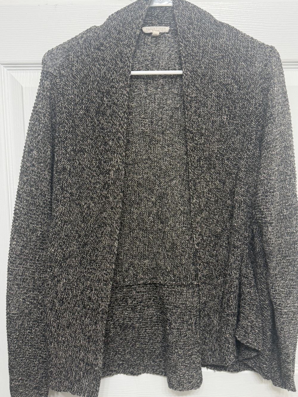 Eileen Fisher 1X 100% Linen Marled Open Knit Cardigan Gray Black Lagenlook